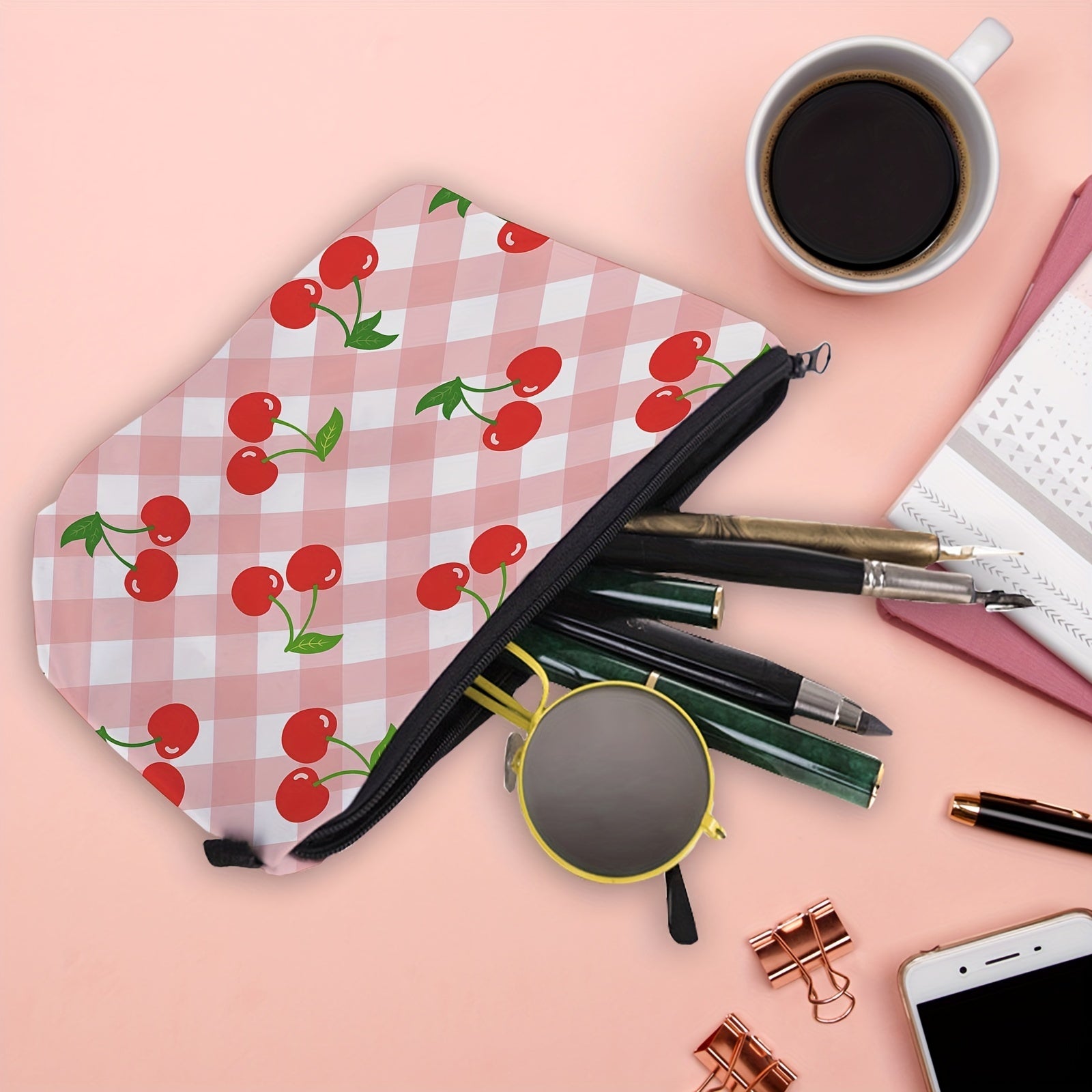 Plaid & Cherry Print Cosmetic Bag For Women Waterproof Purse Makeup Bag