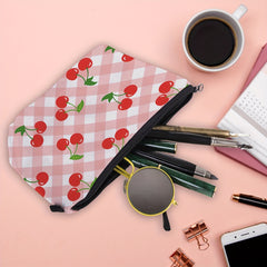 Plaid & Cherry Print Cosmetic Bag For Women Waterproof Purse Makeup Bag