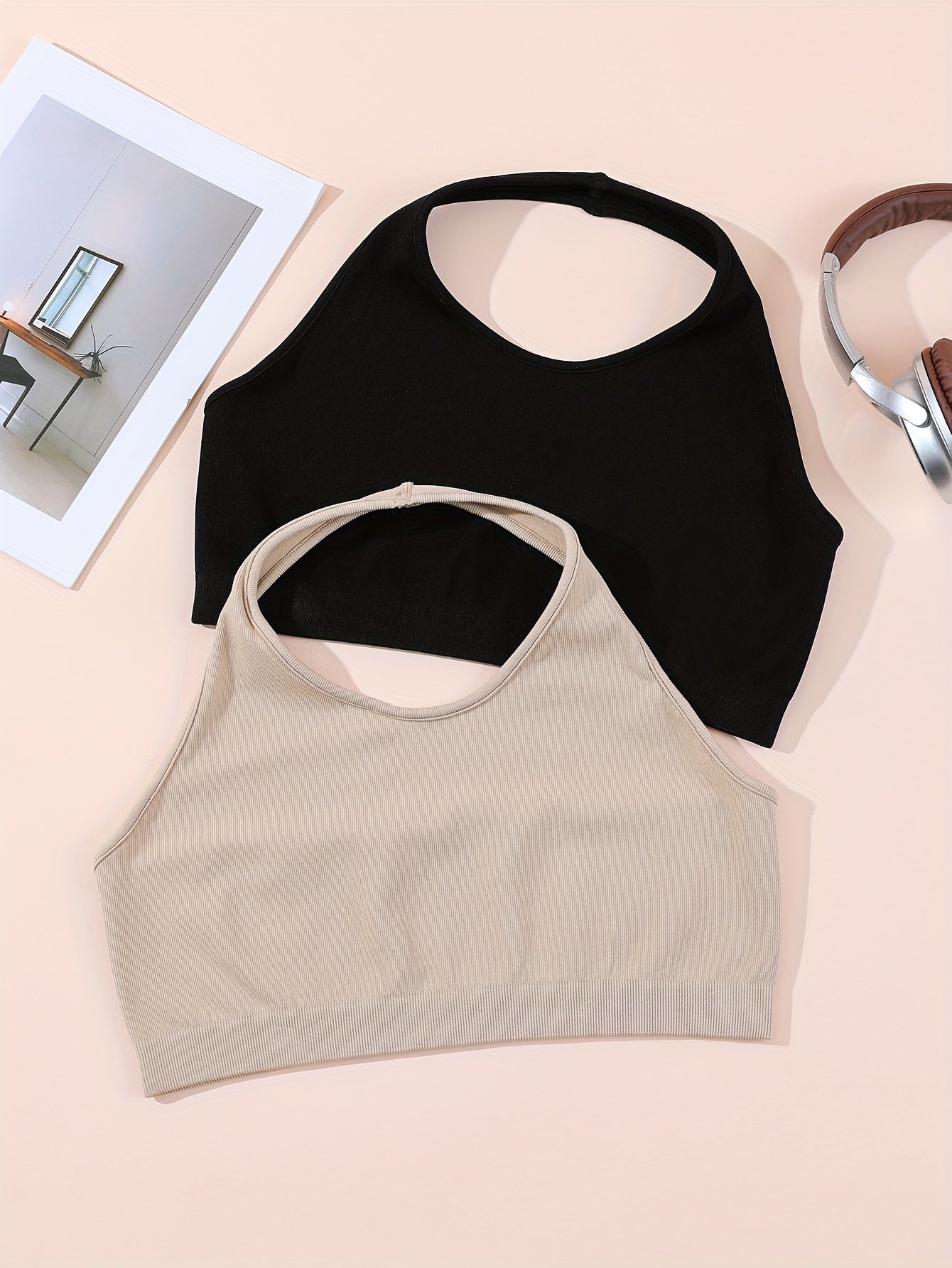 Ribbed Halter Neck Tank Top for Yoga Fitness
