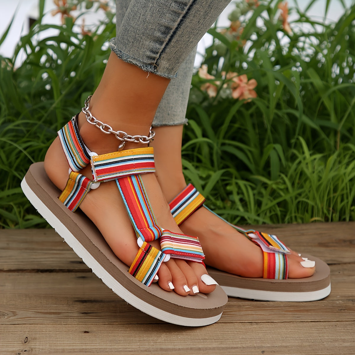 Colorful Stripes Women's Flat Sports Sandals Non-slip Outdoor Sandals