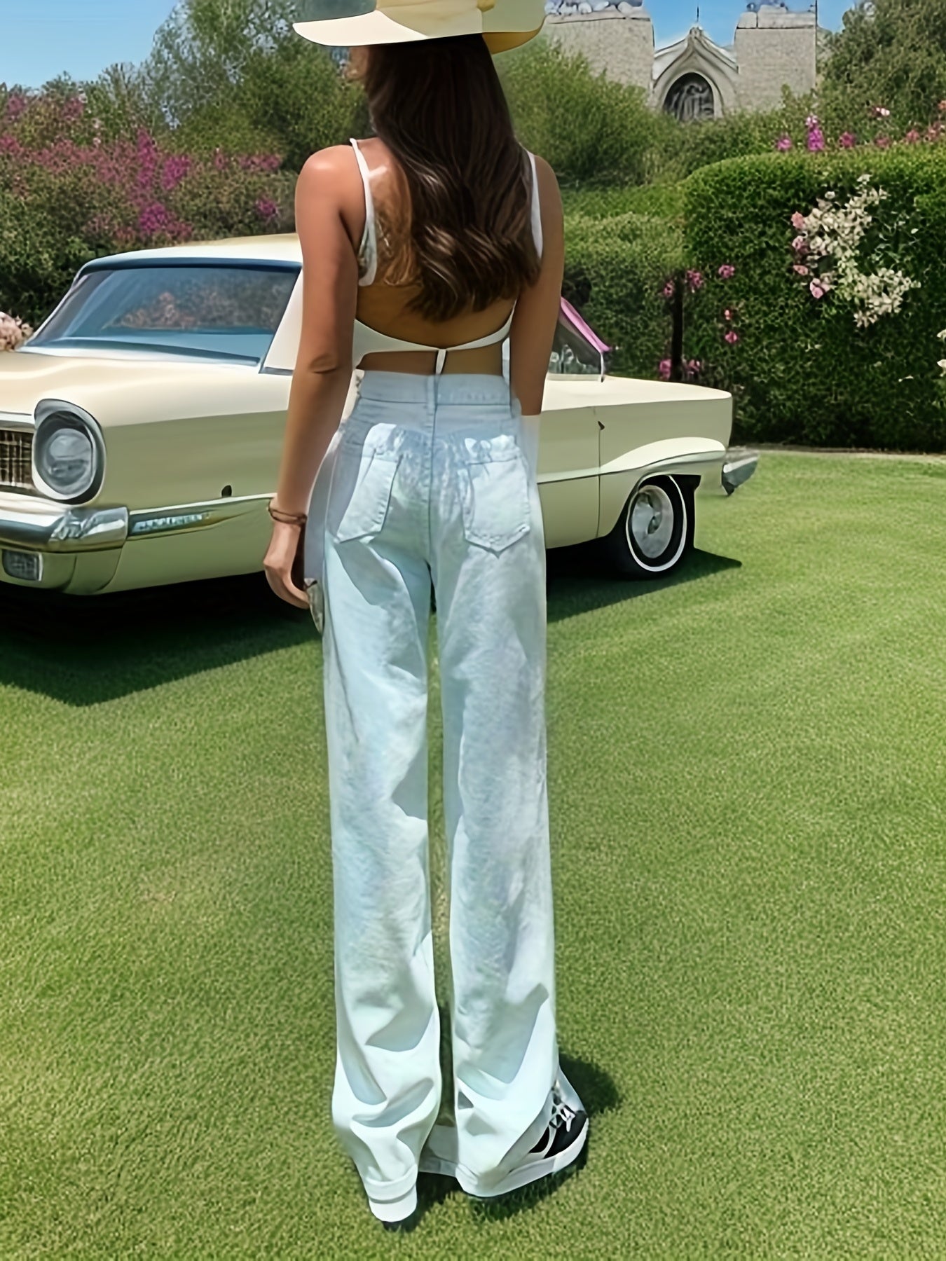 Sky Loose Fit Straight Jeans Mid Waist Slash Pockets Baggy Denim Pants