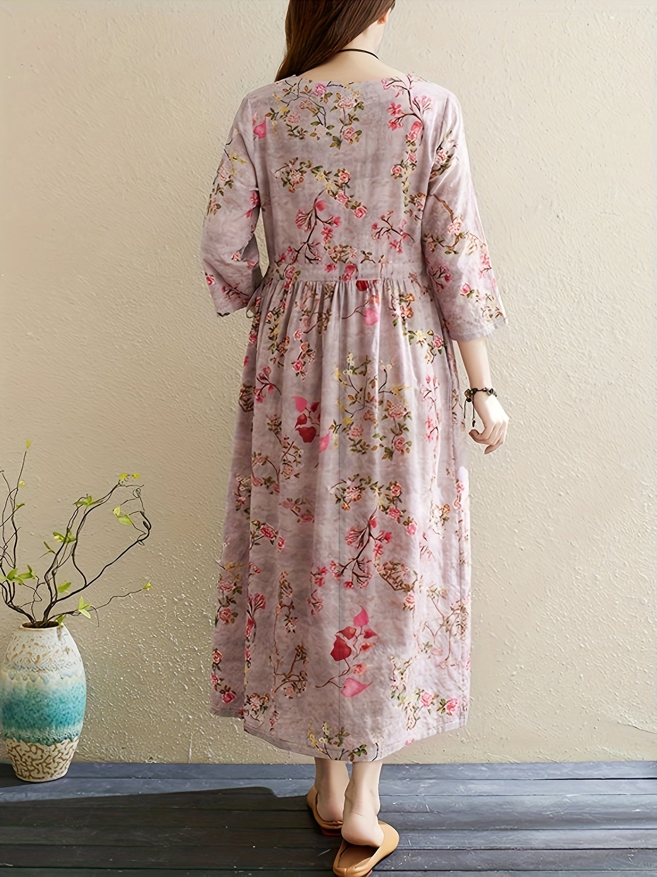 Vintage Floral Print Dress Crew Neck 3 4 Sleeve Dress Women's Clothing