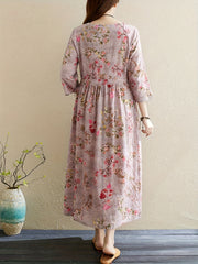 Vintage Floral Print Dress Crew Neck 3 4 Sleeve Dress Women's Clothing