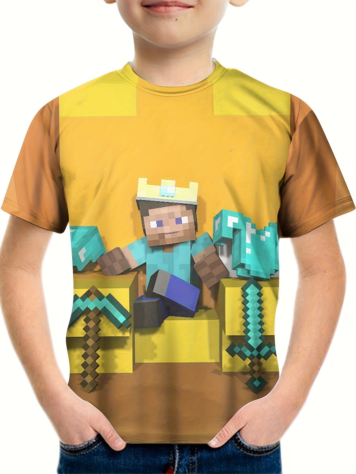 Pixel King Print Boy's T shirt Short Sleeve Crew Neck Casual Summer Tee Tops