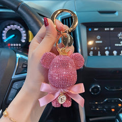Rhinestone Big Bear Keychain with Bow Cartoon Keychain for Women