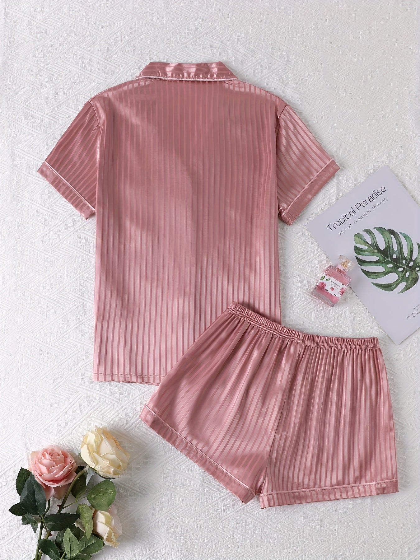 Striped Satin Pajamas Set Short Sleeve Top & Shorts