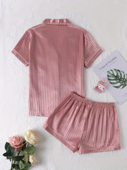 Striped Satin Pajamas Set Short Sleeve Top & Shorts