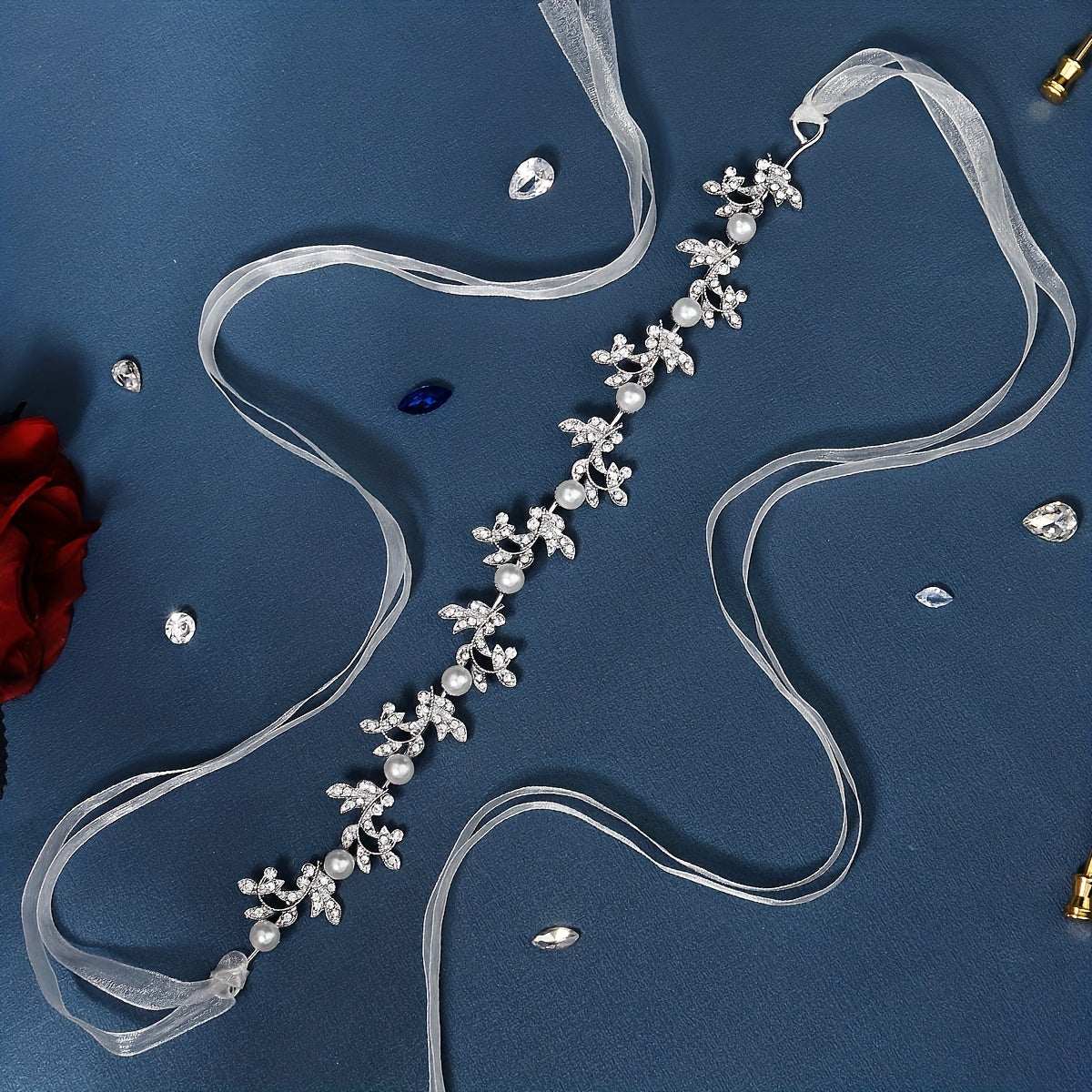Faux Pearl & Rhinestone Leaf Headband Adjustable Bridal Hair Accessory