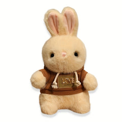 11.81In Plush Rabbit Doll Round Body Light Beige Fur Pink Ears Brown Hoodie