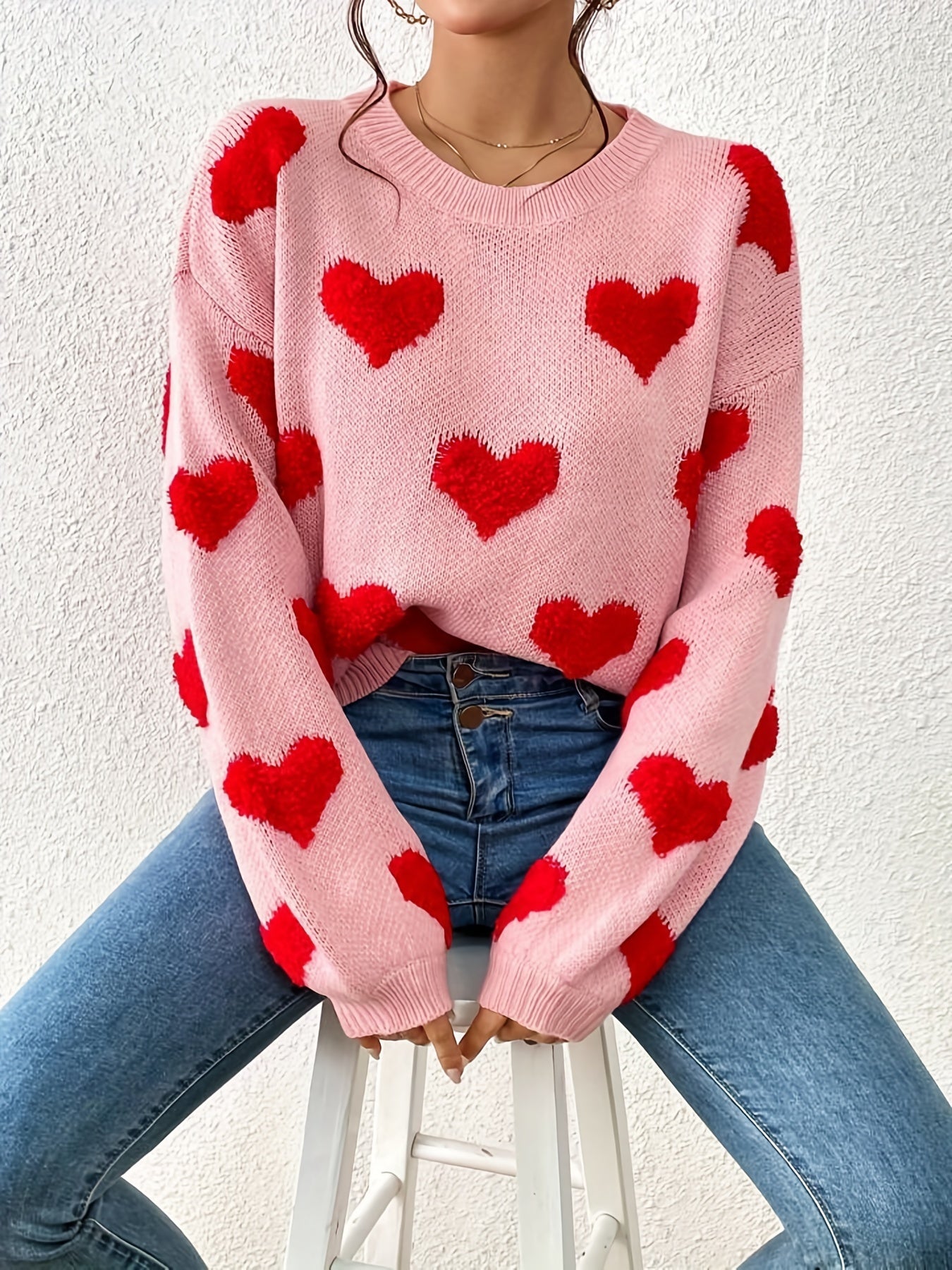 Heart Pattern Crew Neck Pullover Sweater Women's Clothing