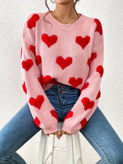 Heart Pattern Crew Neck Pullover Sweater Women's Clothing