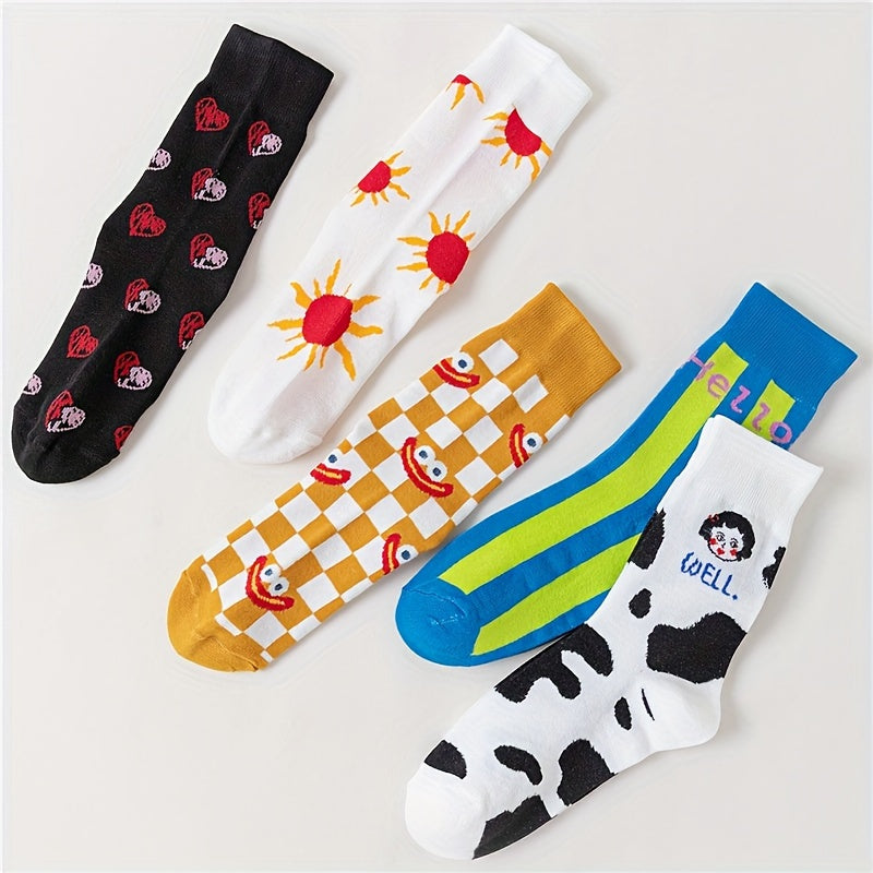 5 Pairs Cartoon Print Socks Funny & Mid Tube Socks Women's Stockings