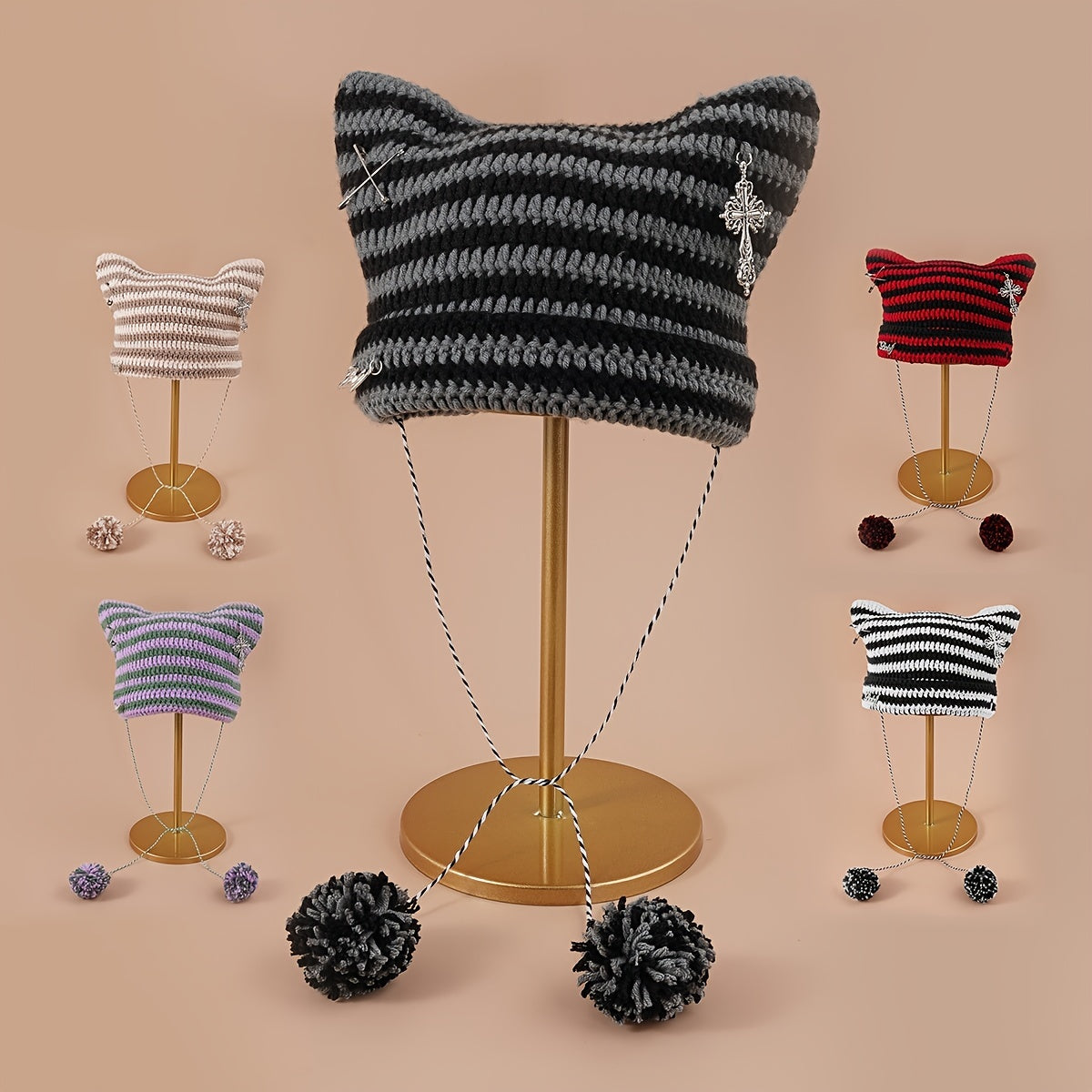 Y2K Cat Beanies Vintage Pom Pom Chain Crochet Hats