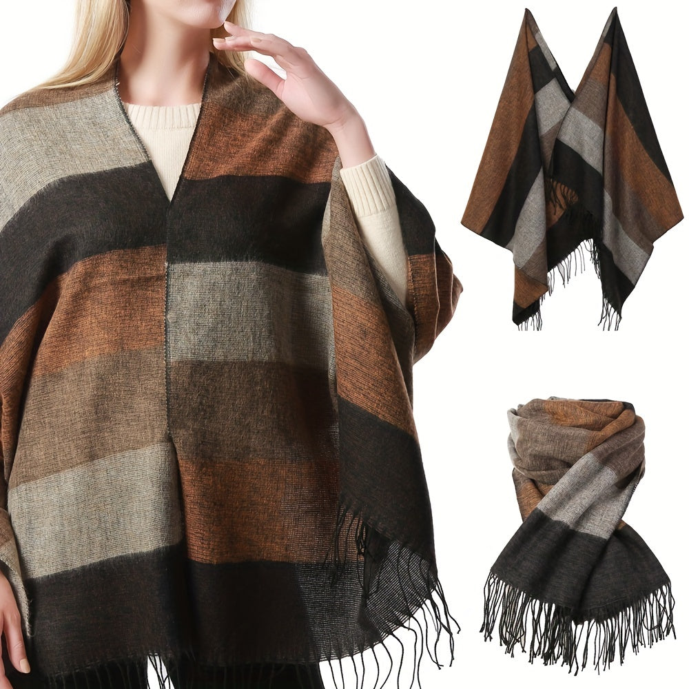 Fringed Striped Shawl Wrap Warm Scarf for Women