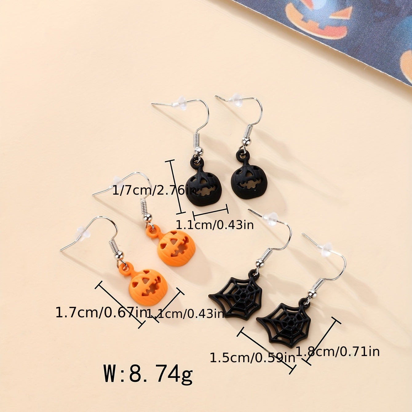 3 Pairs Halloween Pumpkin Spider Web Orange Earrings Set
