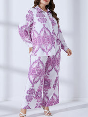 Women's Plus Damask Print Long Sleeve Button Up Shirt & Wide Leg Pants Set