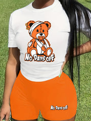 Cartoon Bear Print Two Piece Set Short Sleeve Tee & Letter Print Shorts