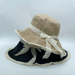 Bowknot Lace Decor Bucket Hat Wide Brim Sun Hat for Travel Beach