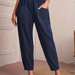 Dual Pockets Carrot Pants Elastic Waist