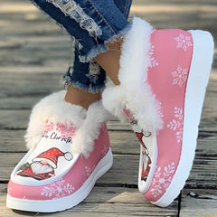 Christmas Snowflake Snowman Print Plush Lined Furry Boat Shoes