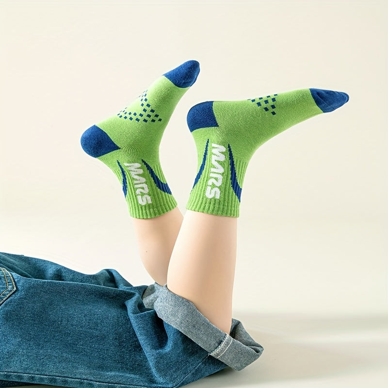 5 Pairs Boy's Letter Crew Socks Cotton Blend Comfy Casual Style