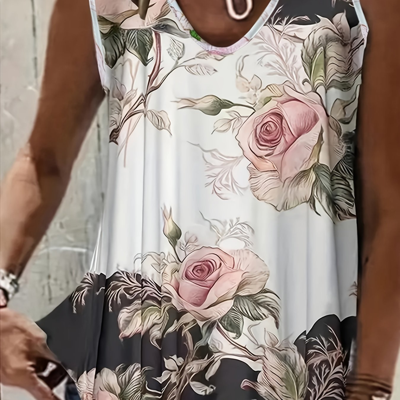 Rose Print Tank Top Women's Round Neck Slight Stretch