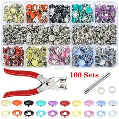 100pcs Mixed Metal Sewing Buttons Kit with Fasteners Plier Tool Kit