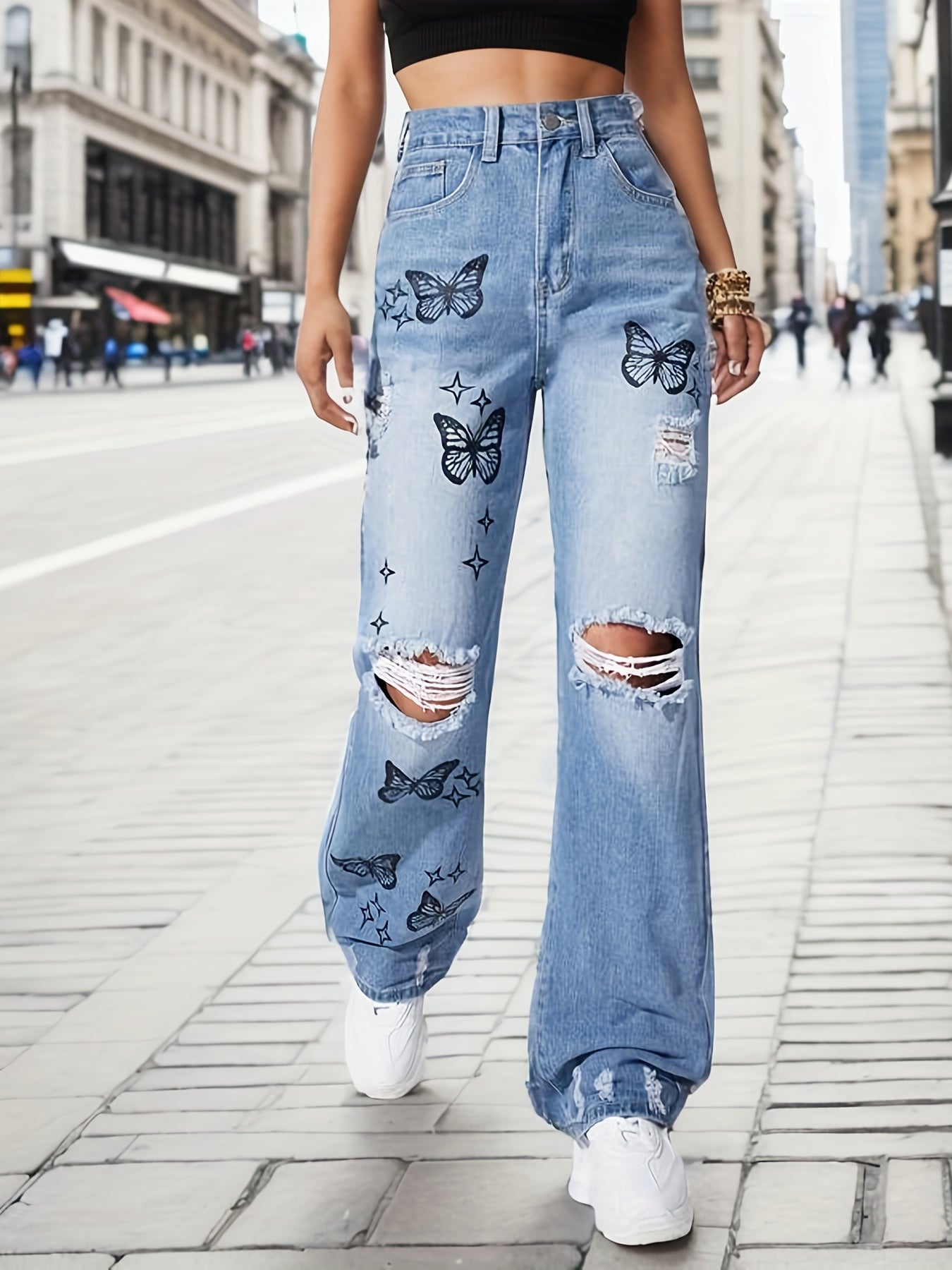 Butterfly Print Straight Jeans Ripped Holes Wide Legs Jeans