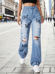 Butterfly Print Straight Jeans Ripped Holes Wide Legs Jeans