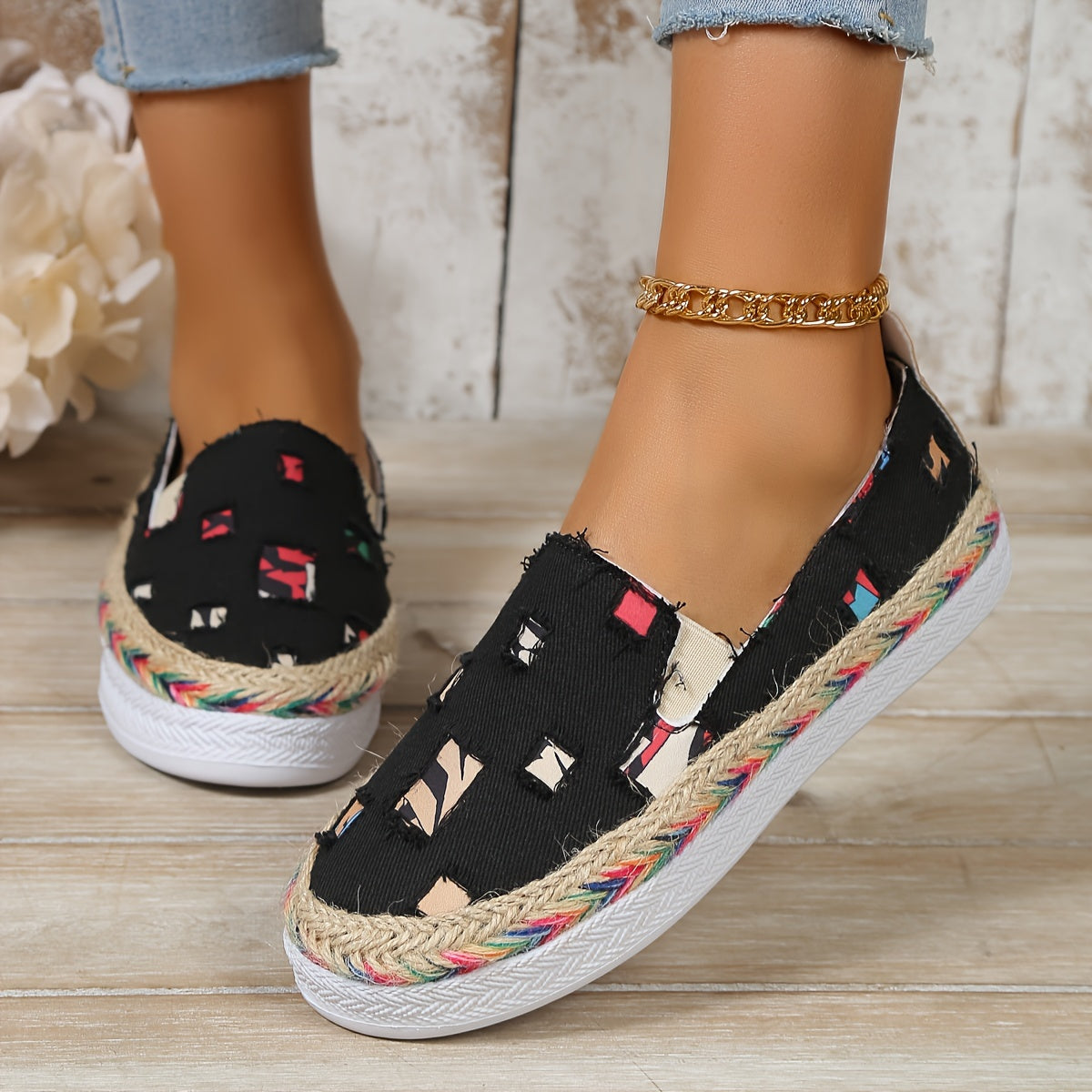 Women's Ripped Denim Flat Shoes Slip On Walking Sneakers