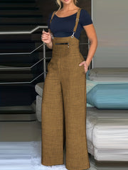Solid Wide Leg Overall Jumpsuit Casual Pocket Front Overall Jumpsuit