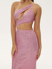 One Shoulder Sequined Dress Sexy Sleeveless Dress