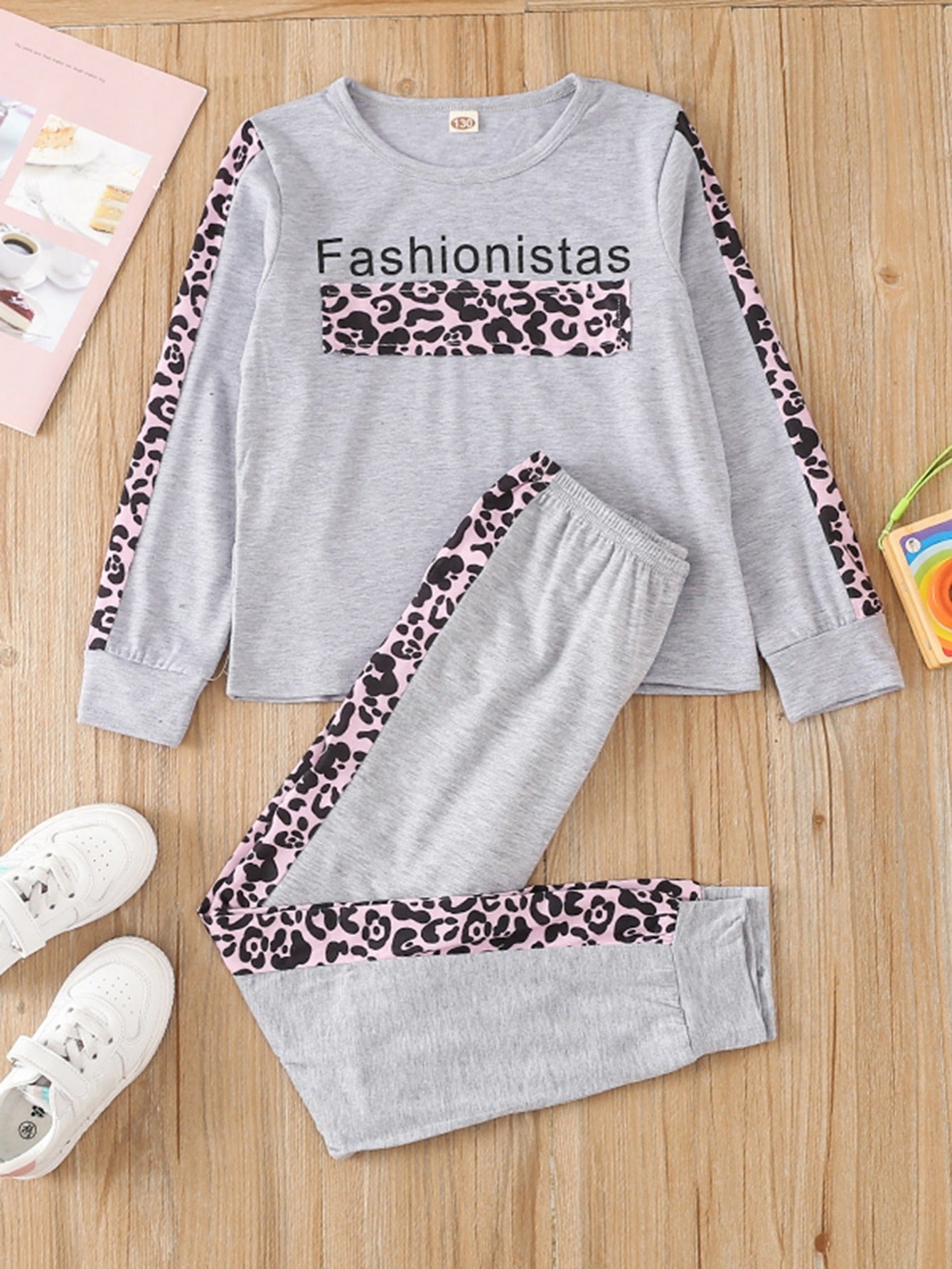 Girls Patchwork Leopard Crew Neck Long Sleeve Loungewear