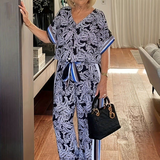 Paisley & Striped Print Top & Pants Outfits Set