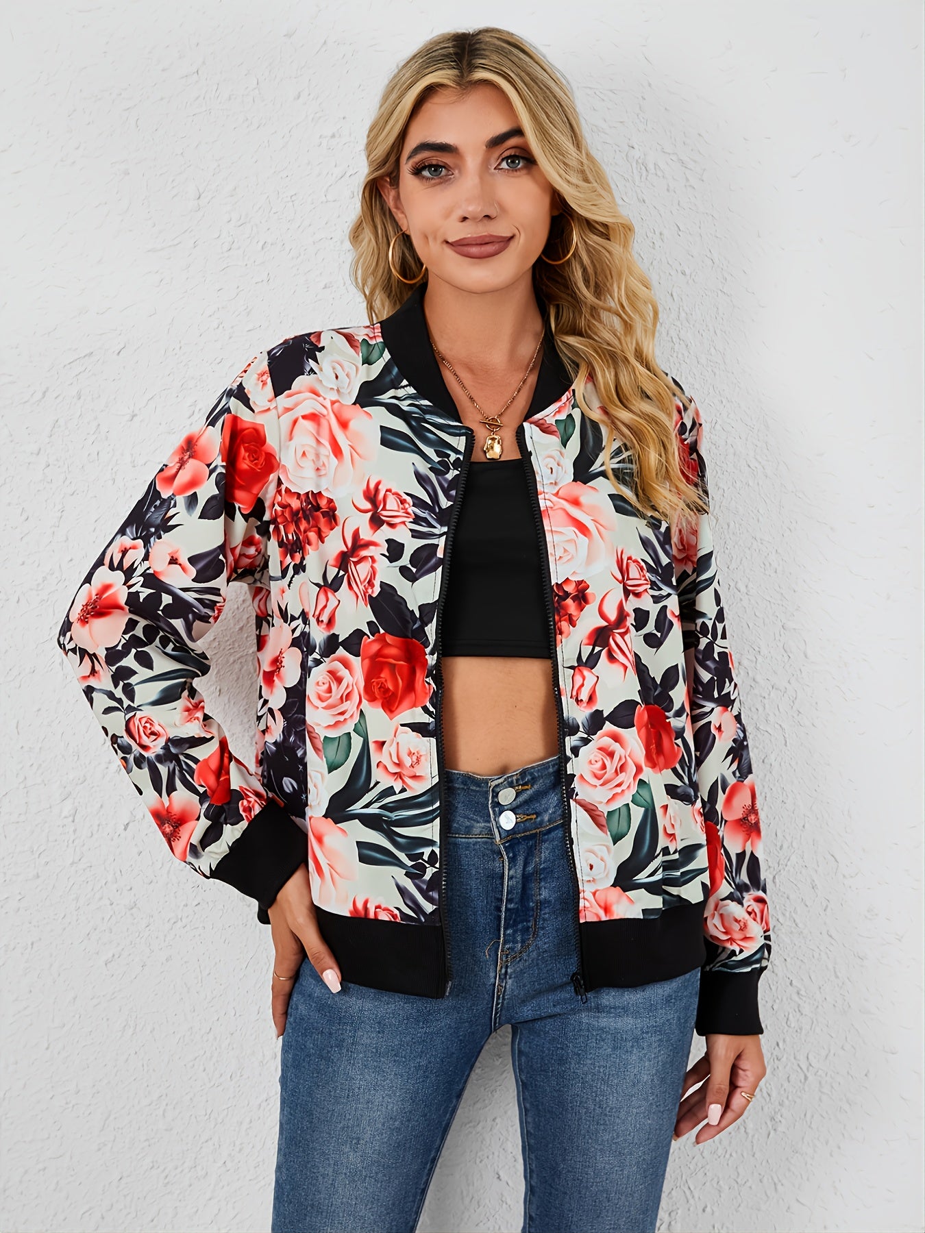 Vintage Floral Print Zipper Jacket Casual Long Sleeve Loose Outerwear