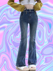 Frayed Trim Pintuck Jeans High Waist Slim Fit Flared Jeans