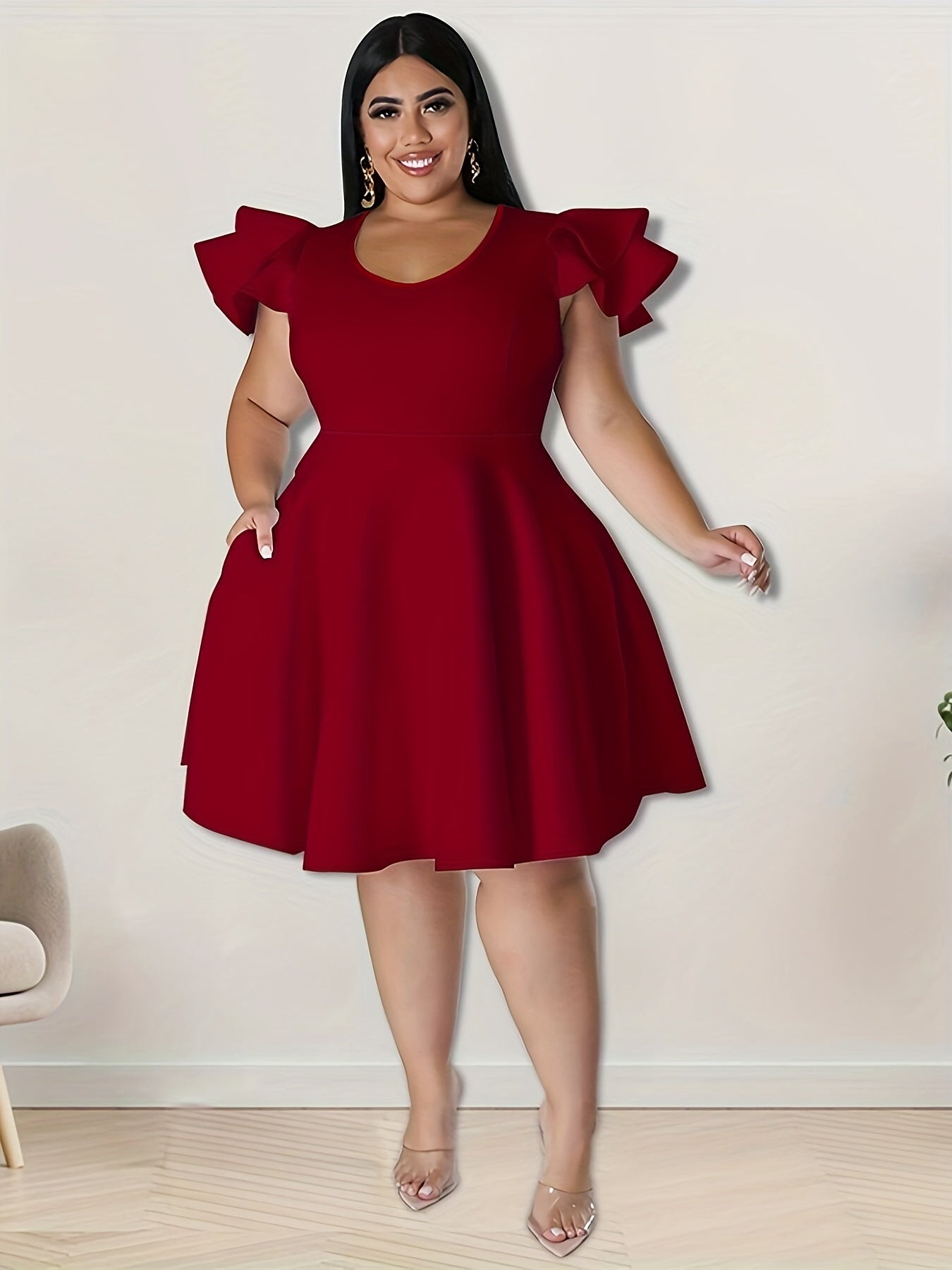 Solid Ruffle Sleeve A-Line Cocktail Party Dress With Pocket