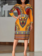 Boho Dress Women's Plus Tribal Print V Neck Midi Dress