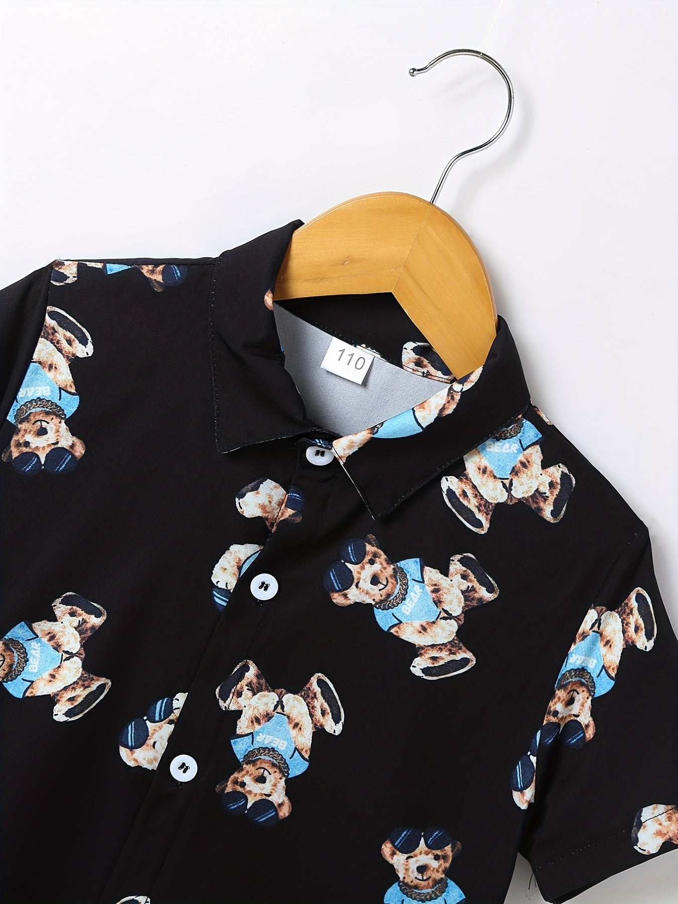 2pcs Boys Bear Print Short Sleeves Shirt & Shorts Set