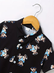 2pcs Boys Bear Print Short Sleeves Shirt & Shorts Set