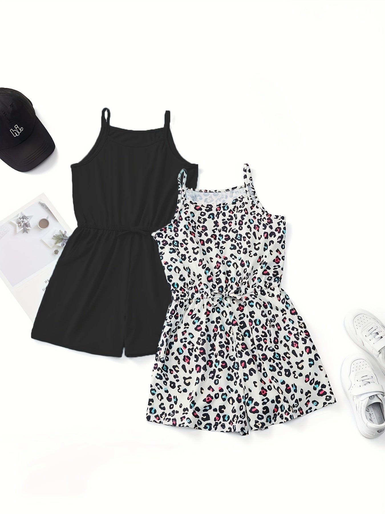Girls Leopard Print Cami Rompers Set