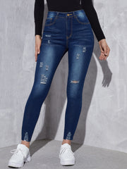 Navy Distressed Denim Pants High Rise Skinny Jeans