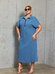 Denim Polo Neck Maxi Dress with Pockets