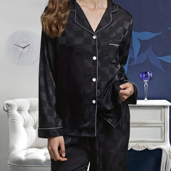 Plaid Satin Pajama Set Long Sleeve Top & Pants Women's Sleepwear