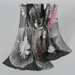 Large Flower Print Chiffon Scarf Boho Dotted Thin Shawl