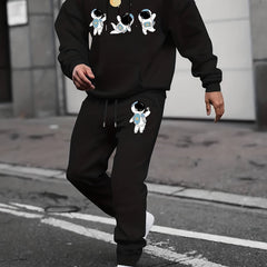 Men's Astronaut Print 2Pcs Outfits: Crew Neck T Shirt & Hooded Sweatshirt Set