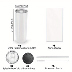 20 oz Thermal Sublimation Cups Double Wall Stainless Steel with Lid & Straw