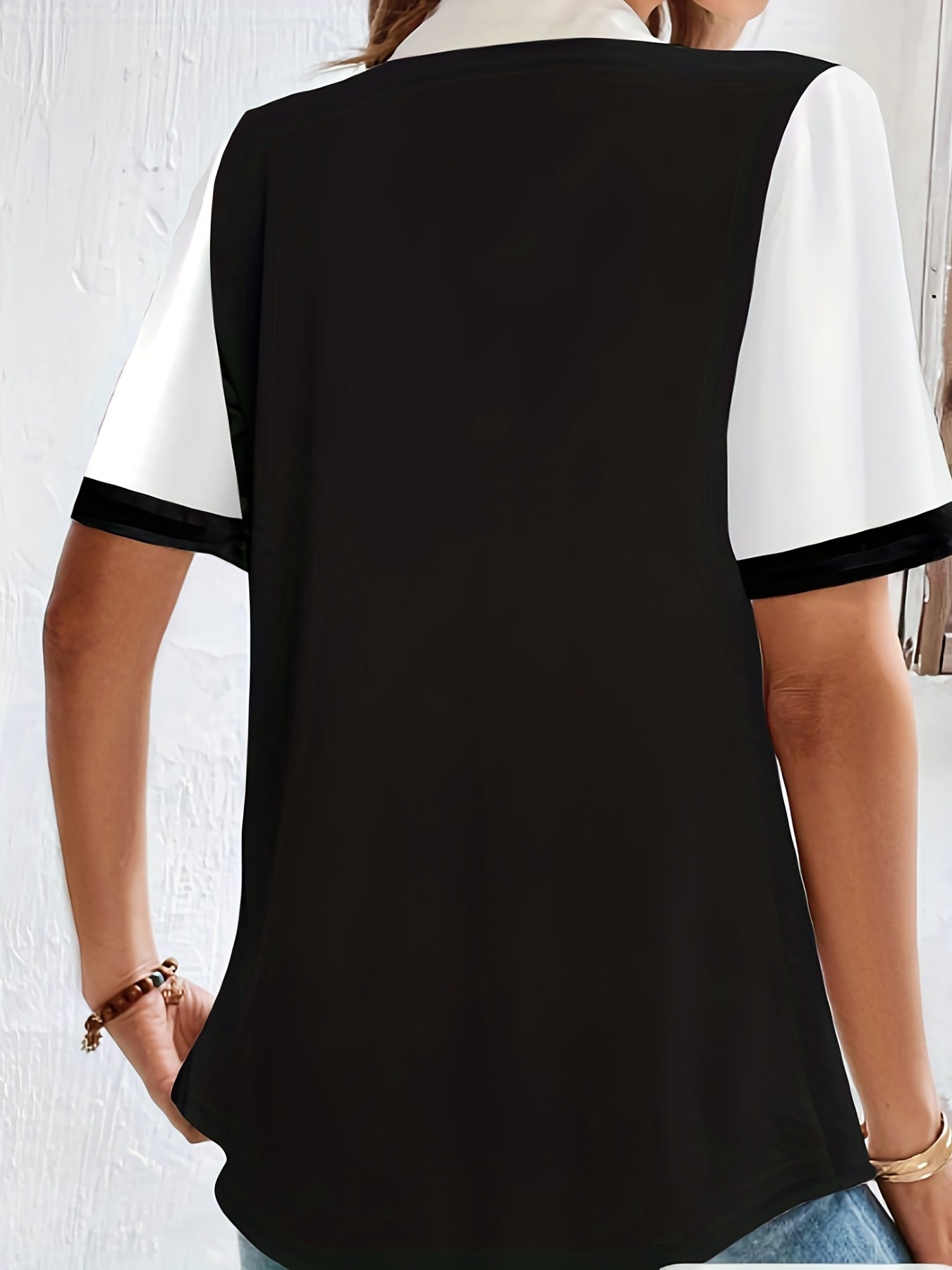 Colorblock Stripe Button Up Short Sleeve Polo Neck Blouse
