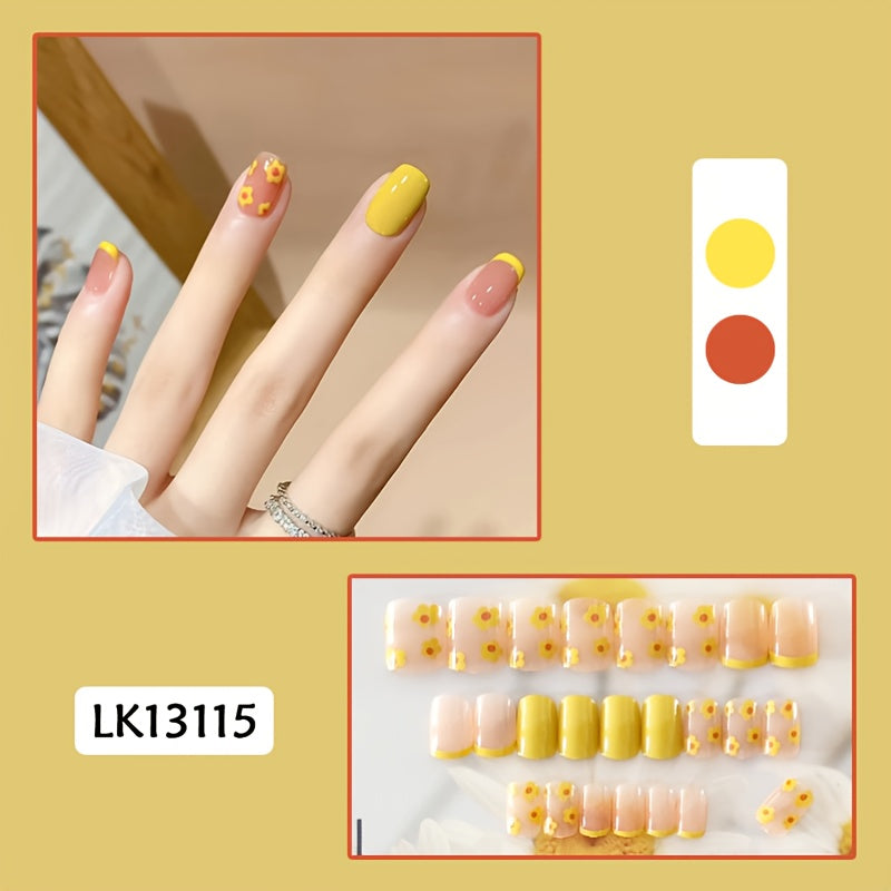 Yellow Squoval Press On Nails Flower False Nails for Women