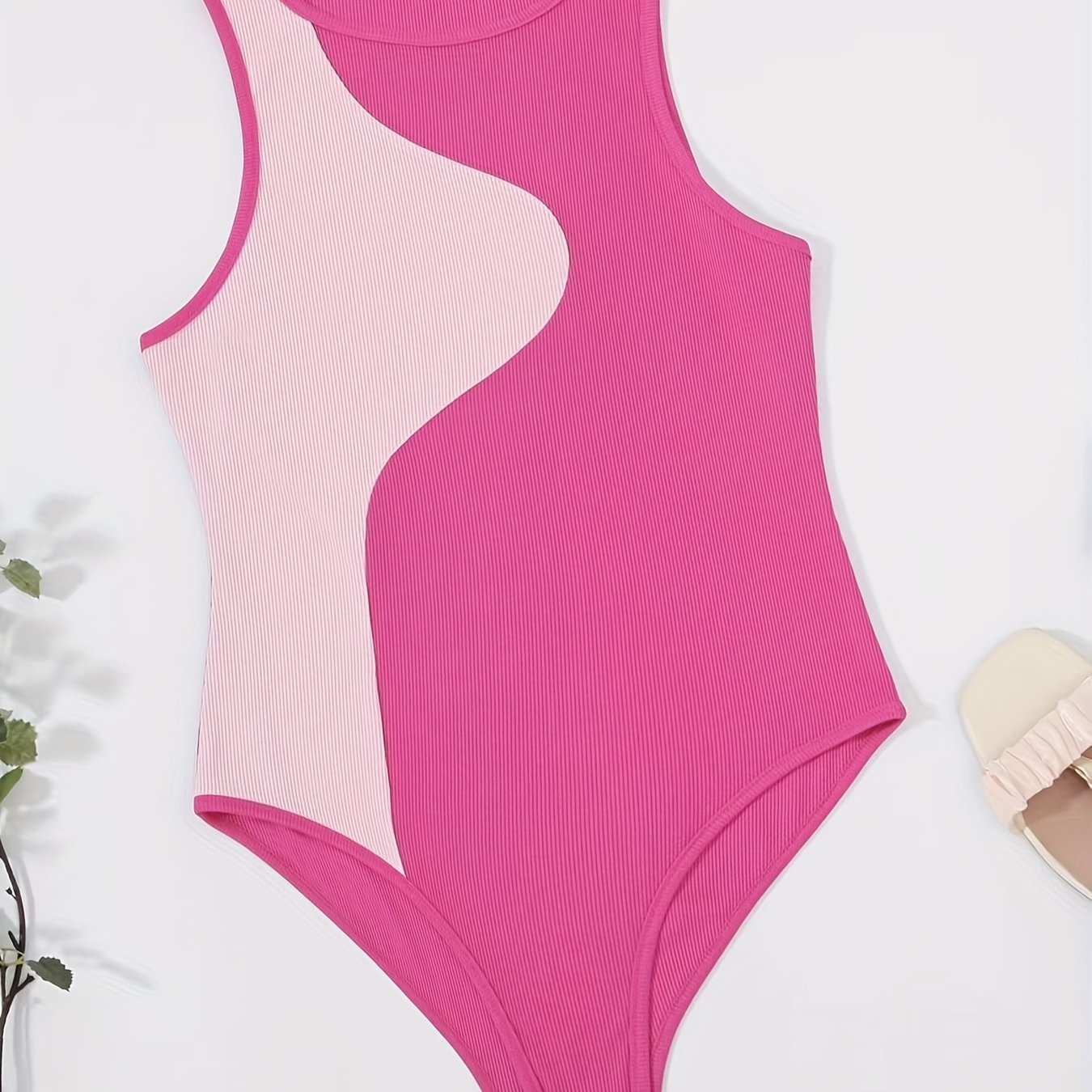 Block Tank Bodysuit Casual Crew Neck One Piece Bodysuit Women's Clothing
